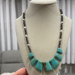 Southwestern Running Bear 925 Sterling Turquoise Beaded Fringe Bib Necklace